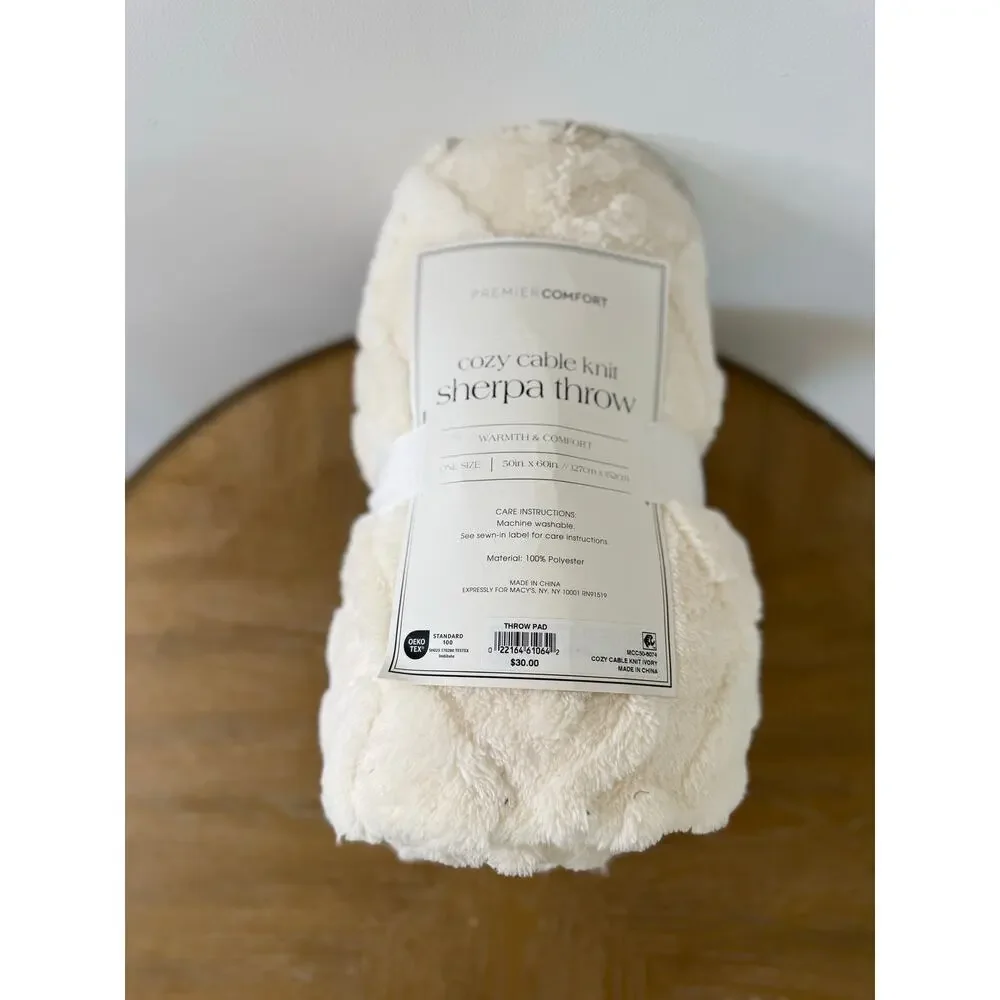 Premier Comfort Cozy Cable Knit Sherpa Throw 50x60 Ivory NWT Macy’s